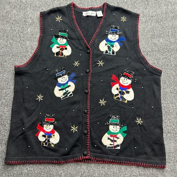 Victoria Jones Woman Sweaters - Christmas Sweater Vest Victoria Jones 2X Pearl Beaded Snowman Ugly